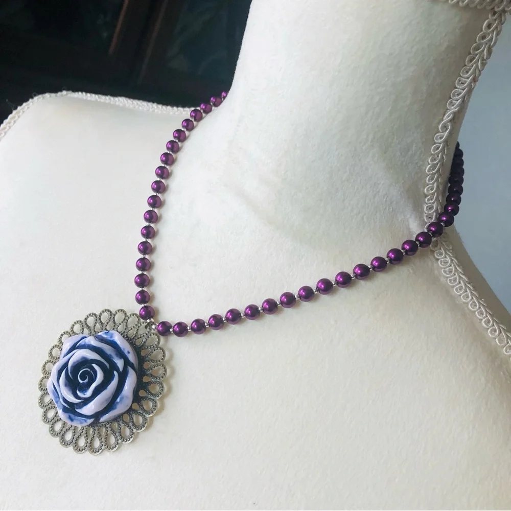 Handcrafted repurpose purple rose filigree pendant Czech glass Pearl necklace